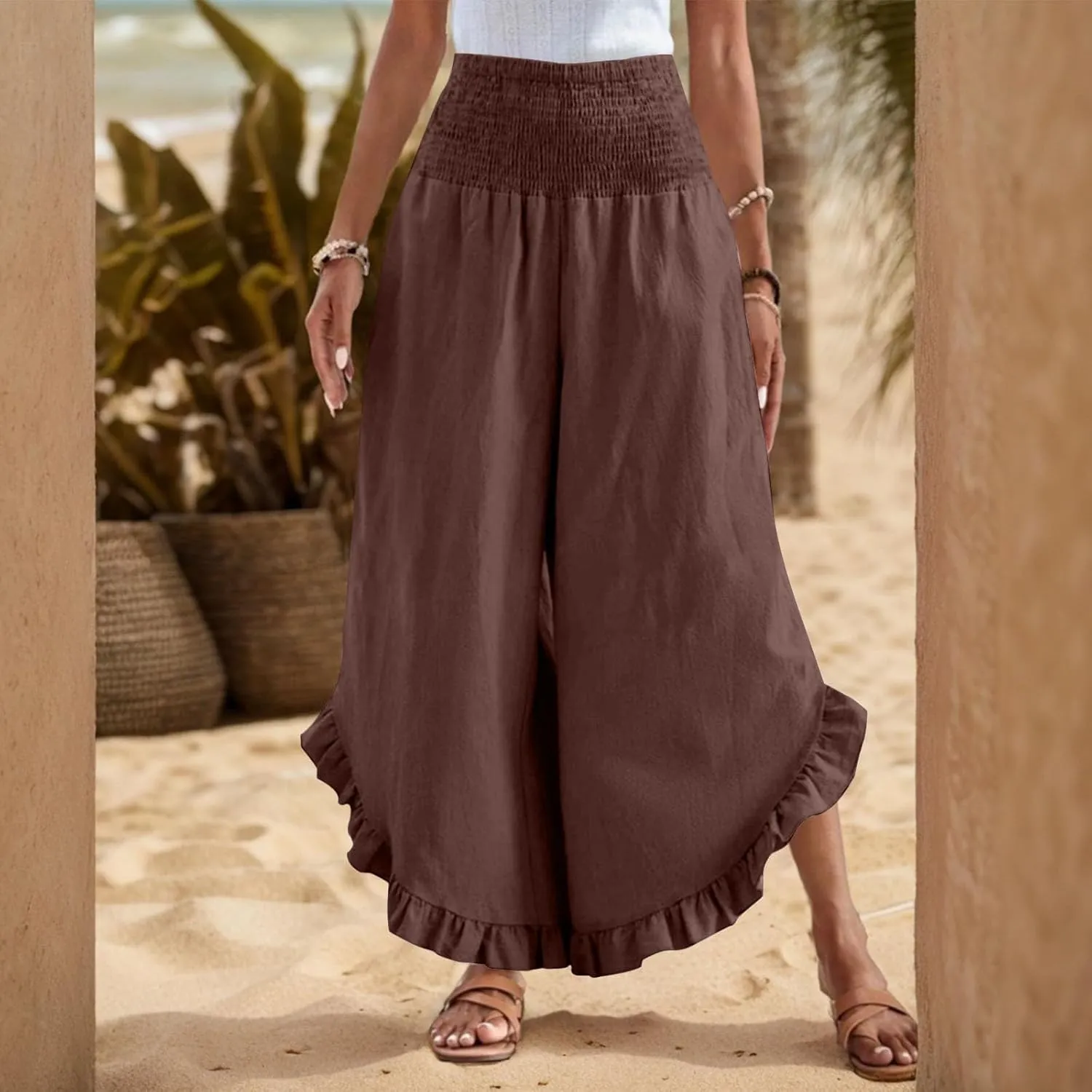 Women's Solid Color Elastic Waist Slim Pleated Petal Dressy Casual Loose Fit Trousers