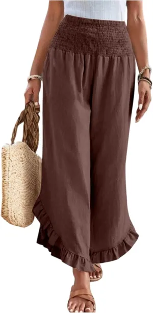 Women's Solid Color Elastic Waist Slim Pleated Petal Dressy Casual Loose Fit Trousers