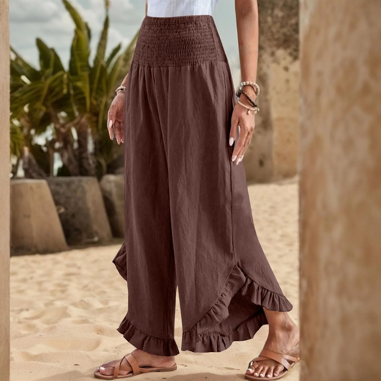 Women's Solid Color Elastic Waist Slim Pleated Petal Dressy Casual Loose Fit Trousers