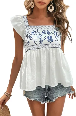 Women's Summer Ruffle Cap Sleeve Tops Floral Embroidery Square Neck Tank Loose Fit Blouse Tee Shirts