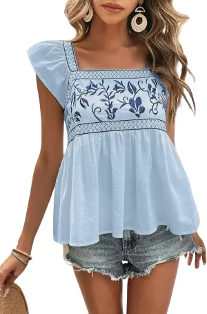 Women's Summer Ruffle Cap Sleeve Tops Floral Embroidery Square Neck Tank Loose Fit Blouse Tee Shirts