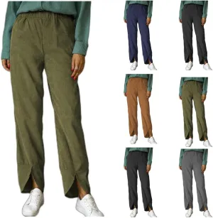 Women's Vintage Trousers with Pockets, Corduroy Elastic Waist Pull On Straight Leg Slacks Casual Fall Winter Pants