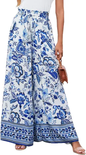 YOCUR Women Summer Beach Vacation Pants High Waisted Wide Leg Pants Printed Loose Flowy Casual Palazzo Lounge Trousers