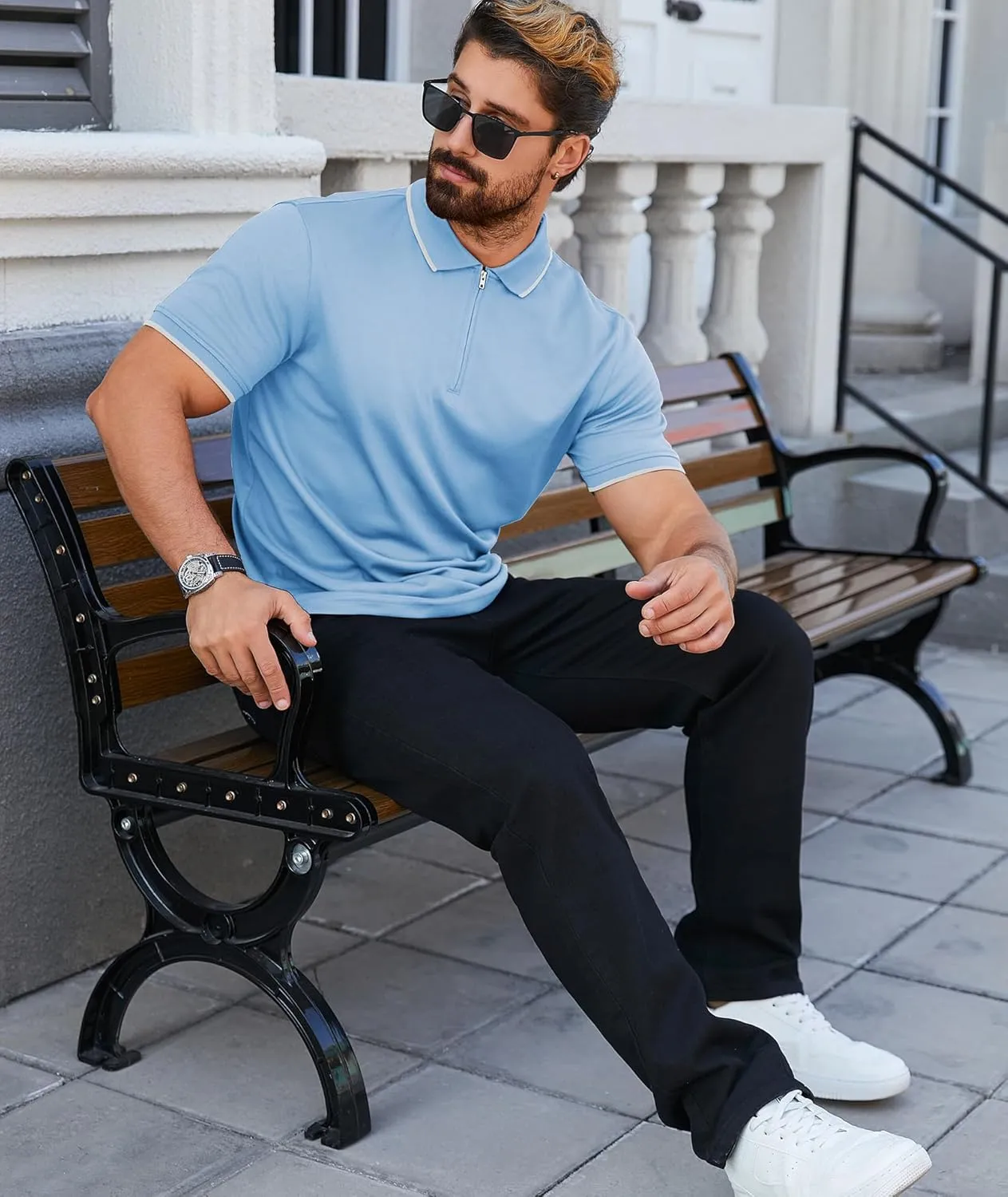 ZITY Mens Quarter Zip Polo Shirts Casual Classic Short Sleeve Contrast Collar Polo T Shirts