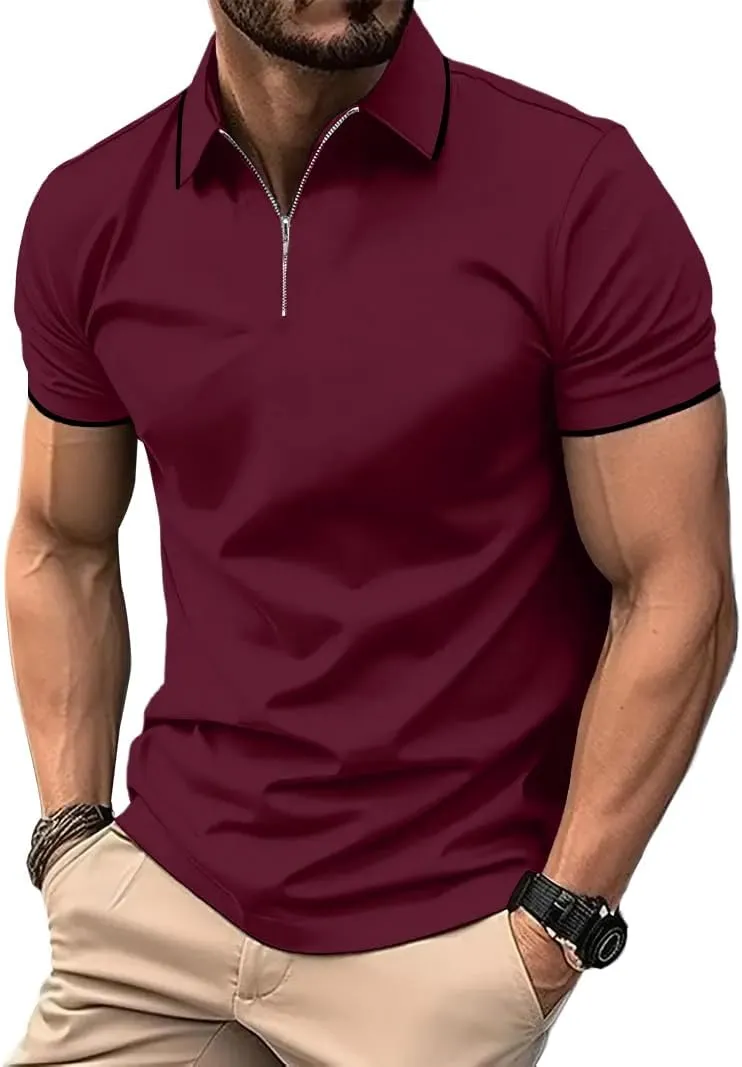 ZITY Mens Quarter Zip Polo Shirts Casual Classic Short Sleeve Contrast Collar Polo T Shirts