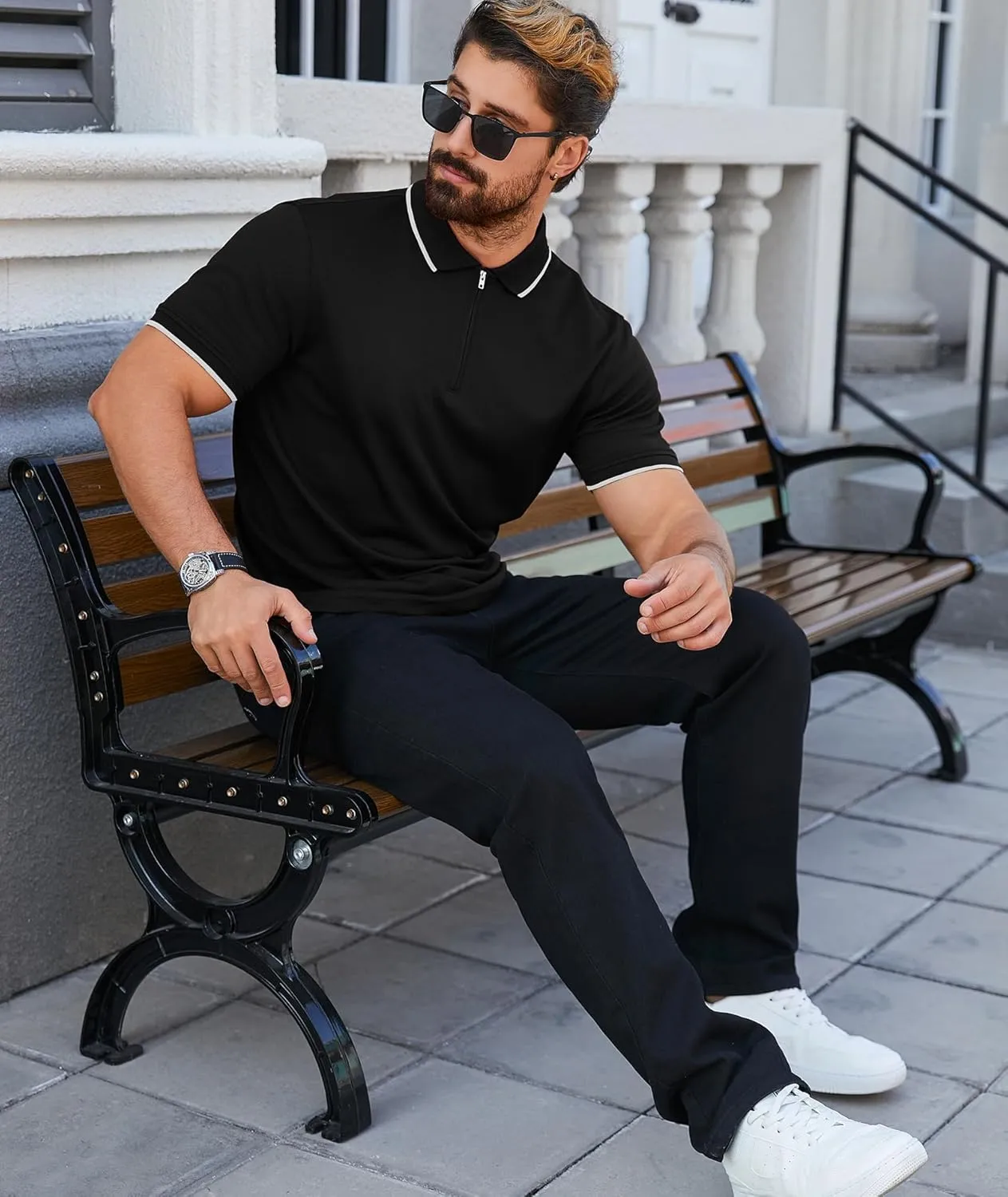 ZITY Mens Quarter Zip Polo Shirts Casual Classic Short Sleeve Contrast Collar Polo T Shirts