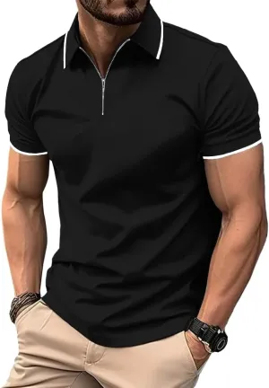 ZITY Mens Quarter Zip Polo Shirts Casual Classic Short Sleeve Contrast Collar Polo T Shirts