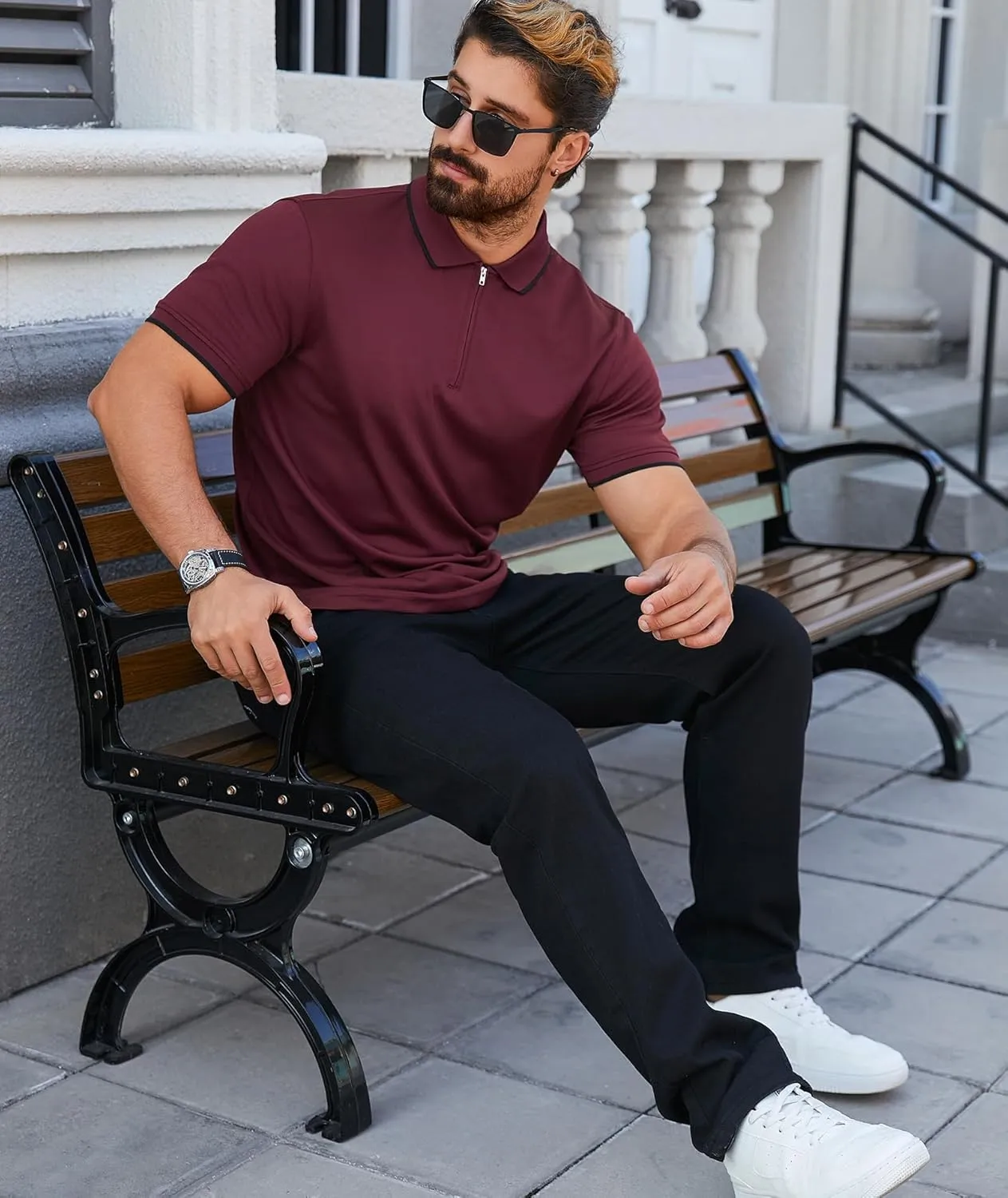 ZITY Mens Quarter Zip Polo Shirts Casual Classic Short Sleeve Contrast Collar Polo T Shirts